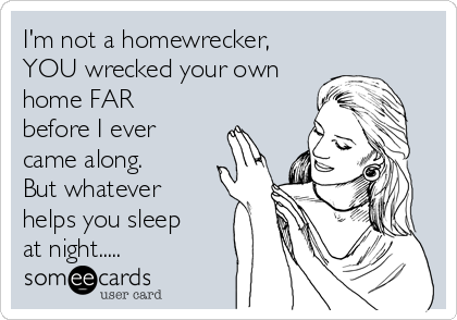 I'm not a homewrecker,
YOU wrecked your own
home FAR
before I ever
came along.
But whatever
helps you sleep
at night.....