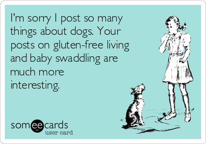 I'm sorry I post so many
things about dogs. Your
posts on gluten-free living
and baby swaddling are
much more
interesting.