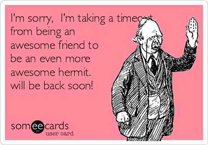 I'm sorry,  I'm taking a timeout
from being an
awesome friend to
be an even more
awesome hermit. 
will be back soon!