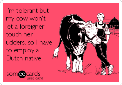 I'm tolerant but
my cow won't
let a foreigner
touch her
udders, so I have
to employ a
Dutch native
