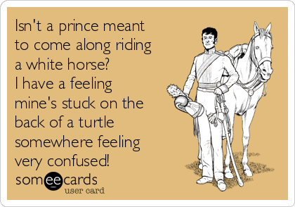 Isn't a prince meant 
to come along riding
a white horse? 
I have a feeling
mine's stuck on the
back of a turtle
somewhere feeling
very confused!
