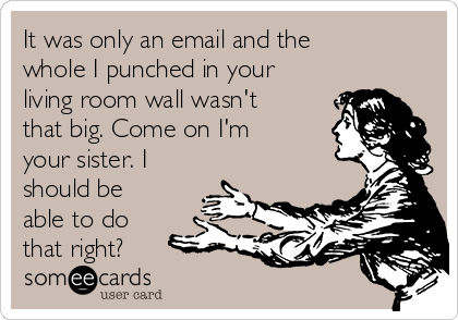 It was only an email and the
whole I punched in your
living room wall wasn't
that big. Come on I'm
your sister. I
should be
able to do
that right?