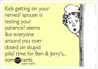 Kids getting on your
nerves? spouse is
testing your
patience? seems
like everyone
around you over
dosed on stupid
pills? time for Ben & Jerry's...