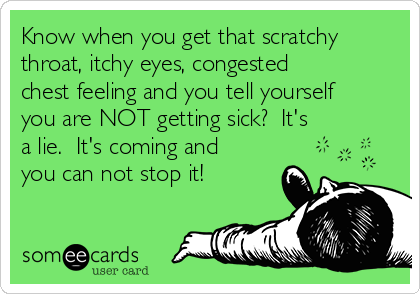 Know when you get that scratchy
throat, itchy eyes, congested
chest feeling and you tell yourself
you are NOT getting sick?  It's
a lie.  It's coming and
you can not stop it!