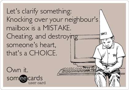 Let's clarify something:  
Knocking over your neighbour's
mailbox is a MISTAKE.  
Cheating, and destroying
someone's heart,
that's a CHOICE.  

Own it.  