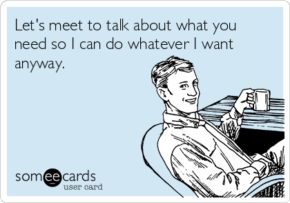 Let's meet to talk about what you
need so I can do whatever I want
anyway.