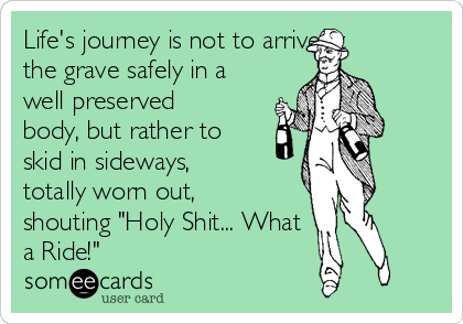 Life's journey is not to arrive at
the grave safely in a
well preserved
body, but rather to
skid in sideways,
totally worn out,
shouting "Holy Shit... What
a Ride!"