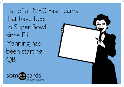List of all NFC East teams
that have been
to Super Bowl
since Eli
Manning has
been starting
QB
