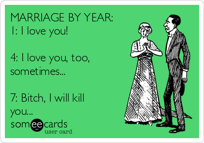 MARRIAGE BY YEAR:
1: I love you!

4: I love you, too,
sometimes...

7: Bitch, I will kill
you...