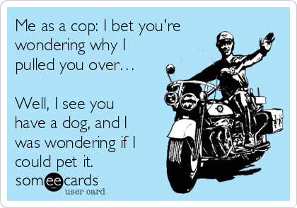 Me as a cop: I bet you're
wondering why I
pulled you over…

Well, I see you
have a dog, and I
was wondering if I
could pet it. 