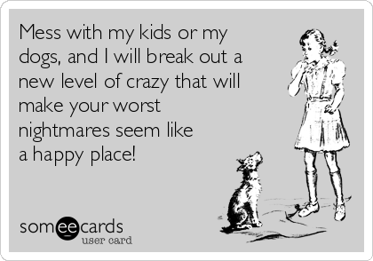 Mess with my kids or my
dogs, and I will break out a
new level of crazy that will
make your worst
nightmares seem like
a happy place!
