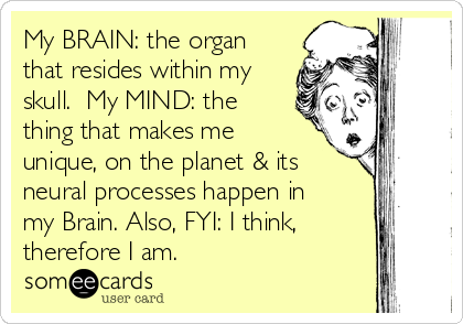 My BRAIN: the organ
that resides within my
skull.  My MIND: the
thing that makes me
unique, on the planet & its
neural processes happen in
my Brain. Also, FYI: I think,
therefore I am.