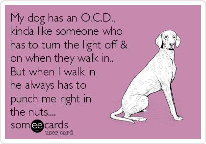 My dog has an O.C.D.,
kinda like someone who
has to turn the light off &
on when they walk in..
But when I walk in
he always has to
punch me right in
the nuts....