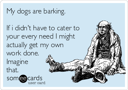 My dogs are barking. 

If i didn't have to cater to
your every need I might
actually get my own
work done.
Imagine
that.