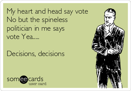 My heart and head say vote
No but the spineless
politician in me says
vote Yea..... 

Decisions, decisions 