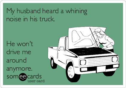 My husband heard a whining
noise in his truck.


He won't
drive me
around
anymore.