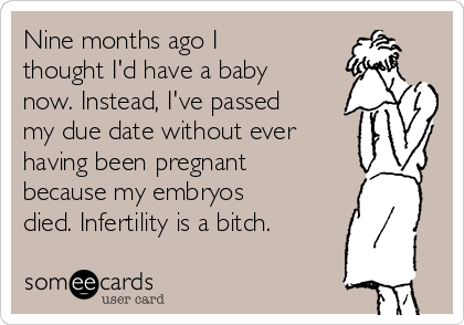 Nine months ago I
thought I'd have a baby
now. Instead, I've passed
my due date without ever 
having been pregnant
because my embryos
died. Infertility is a bitch.