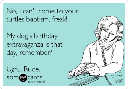 No, I can't come to your
turtles baptism, freak!

My dog's birthday
extravaganza is that
day, remember? 

Ugh... Rude.