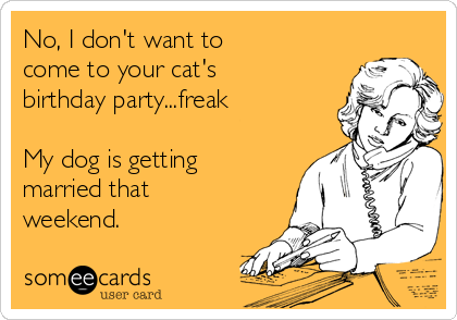 No, I don't want to
come to your cat's
birthday party...freak

My dog is getting
married that
weekend.