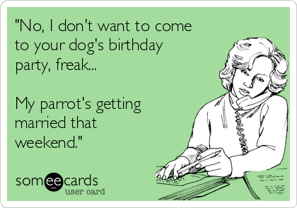 "No, I don't want to come
to your dog's birthday
party, freak...

My parrot's getting
married that
weekend."