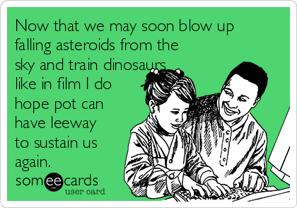 Now that we may soon blow up
falling asteroids from the
sky and train dinosaurs
like in film I do
hope pot can
have leeway
to sustain us
again.