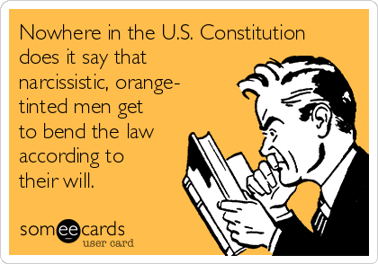 Nowhere in the U.S. Constitution
does it say that
narcissistic, orange-
tinted men get
to bend the law
according to
their will.