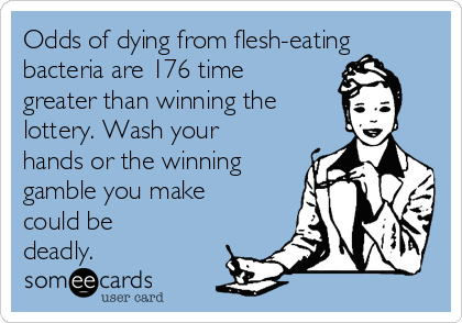 Odds of dying from flesh-eating
bacteria are 176 time
greater than winning the 
lottery. Wash your
hands or the winning
gamble you make
could be
deadly.