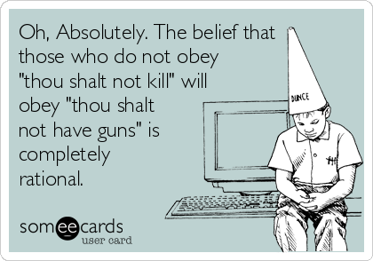 Oh, Absolutely. The belief that
those who do not obey
"thou shalt not kill" will
obey "thou shalt
not have guns" is
completely
rational.