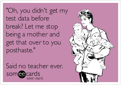 "Oh, you didn't get my
test data before
break? Let me stop
being a mother and
get that over to you
posthaste."

Said no teacher ever.