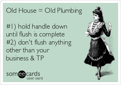 Old House = Old Plumbing

#1) hold handle down
until flush is complete
#2) don't flush anything
other than your
business & TP