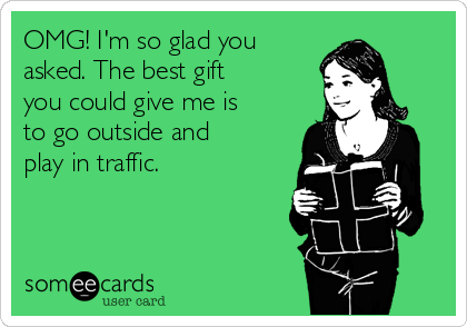 OMG! I'm so glad you
asked. The best gift
you could give me is
to go outside and
play in traffic.