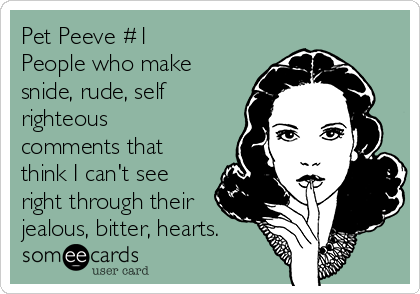 Pet Peeve #1
People who make
snide, rude, self
righteous
comments that
think I can't see
right through their
jealous, bitter, hearts.