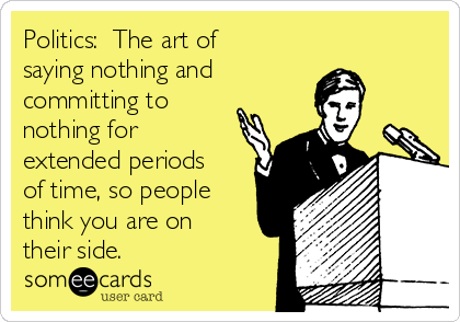 Politics:  The art of
saying nothing and 
committing to
nothing for
extended periods
of time, so people
think you are on
their side. 
