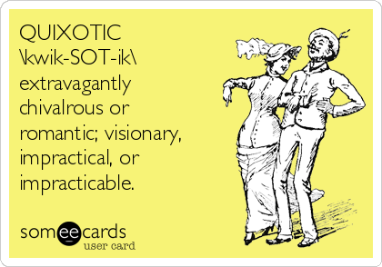 QUIXOTIC
\kwik-SOT-ik\ 
extravagantly
chivalrous or
romantic; visionary,  
impractical, or
impracticable.