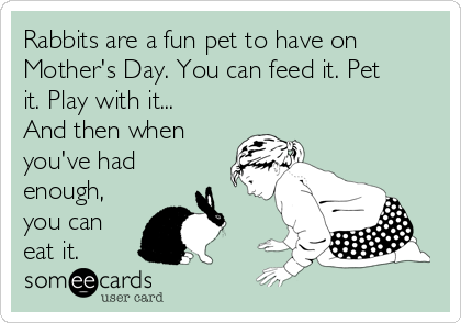 Rabbits are a fun pet to have on
Mother's Day. You can feed it. Pet
it. Play with it...
And then when
you've had
enough,
you can
eat it.