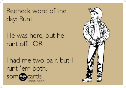 Redneck word of the
day: Runt

He was here, but he
runt off.  OR

I had me two pair, but I
runt 'em both.