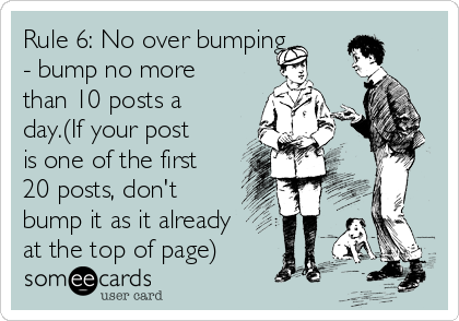 Rule 6: No over bumping
- bump no more
than 10 posts a
day.(If your post
is one of the first
20 posts, don't
bump it as it already
at the top of page)
