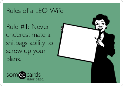 Rules of a LEO Wife

Rule #1: Never
underestimate a
shitbags ability to
screw up your
plans.