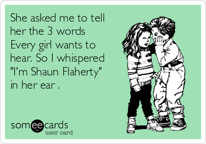 She asked me to tell
her the 3 words
Every girl wants to
hear. So I whispered
"I'm Shaun Flaherty"
in her ear . 
