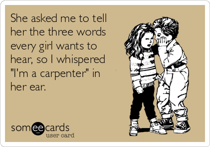 She asked me to tell
her the three words
every girl wants to
hear, so I whispered
"I'm a carpenter" in
her ear.