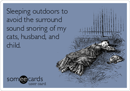 Sleeping outdoors to
avoid the surround
sound snoring of my
cats, husband, and
child.