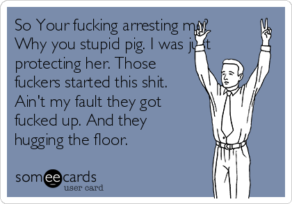 So Your fucking arresting me?
Why you stupid pig. I was just
protecting her. Those
fuckers started this shit.
Ain't my fault they got
fucked up. And they
hugging the floor. 