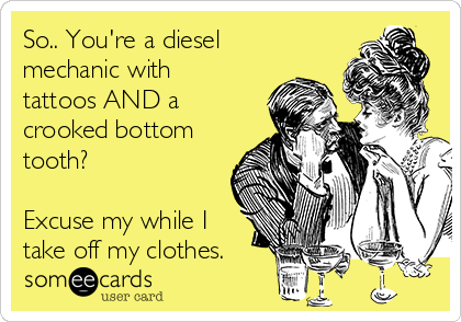 So.. You're a diesel
mechanic with
tattoos AND a
crooked bottom
tooth?

Excuse my while I
take off my clothes. 