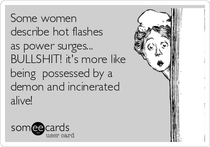 Some women
describe hot flashes
as power surges...
BULLSHIT! it's more like
being  possessed by a
demon and incinerated
alive!