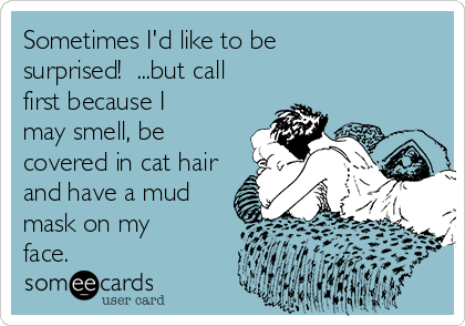 Sometimes I'd like to be
surprised!  ...but call
first because I
may smell, be
covered in cat hair
and have a mud
mask on my
face.