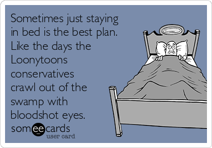 Sometimes just staying
in bed is the best plan. 
Like the days the
Loonytoons
conservatives
crawl out of the
swamp with
bloodshot eyes.