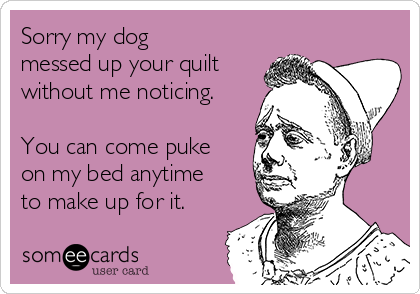 Sorry my dog
messed up your quilt
without me noticing.

You can come puke
on my bed anytime
to make up for it. 