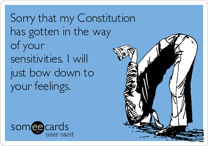Sorry that my Constitution
has gotten in the way
of your
sensitivities. I will
just bow down to
your feelings. 