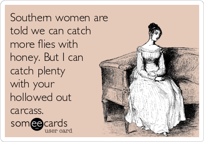 Southern women are
told we can catch
more flies with
honey. But I can
catch plenty
with your
hollowed out
carcass.