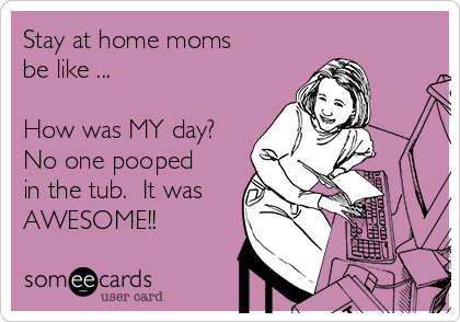 Stay at home moms
be like ...

How was MY day?
No one pooped
in the tub.  It was
AWESOME!!